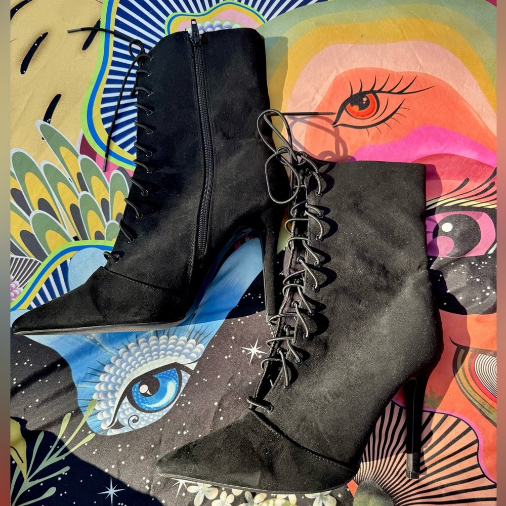 Qupid Milia-63 Faux Suede Pointy Toe Lace Up Stiletto Heel Bootie Boots